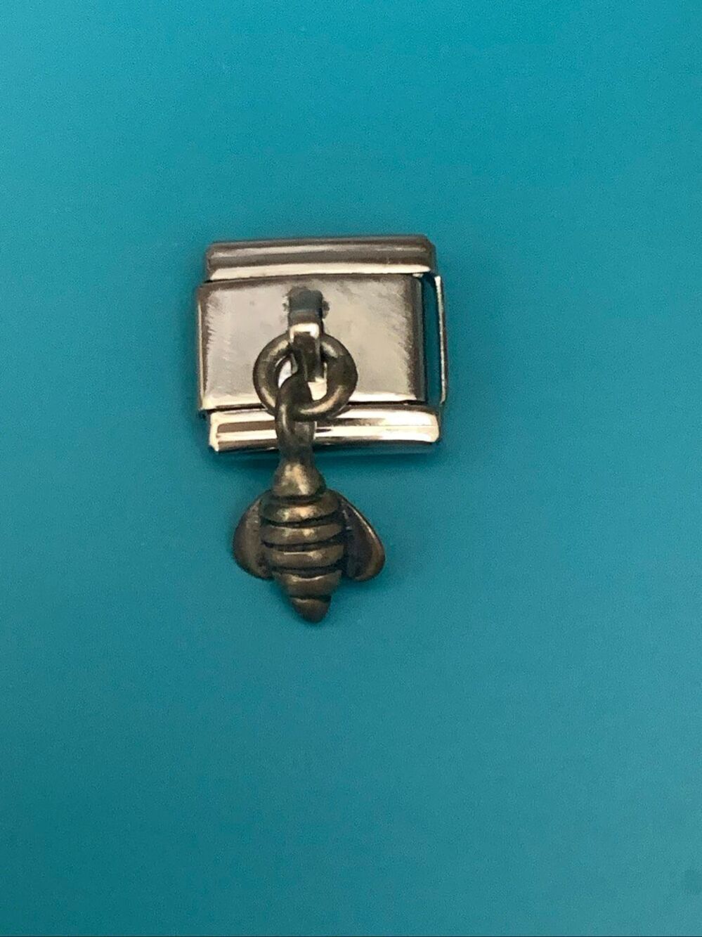 Italian Charm Stainless Steel with dangling Sterling Silver Bee #vintage